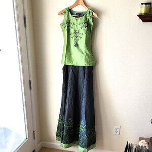 MAYBELL from India Elegant Green Dress & Dark Grey Floral Skirt Set A-line Maxi